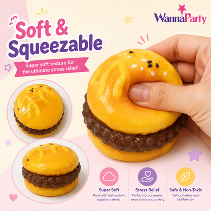 Cute Burger Taba Squishy Toy | Soft Slow Rebound Food Shaped Squeeze Toy for Kids, Stress Relief Toy, Party Favors, Return Gifts, Loot Bags & Pinata Fillers – 1PC