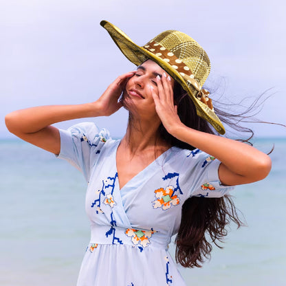 Summer Beach Hat Beige Color w/Polka Dot Silk Ribbon for Women - 1PC