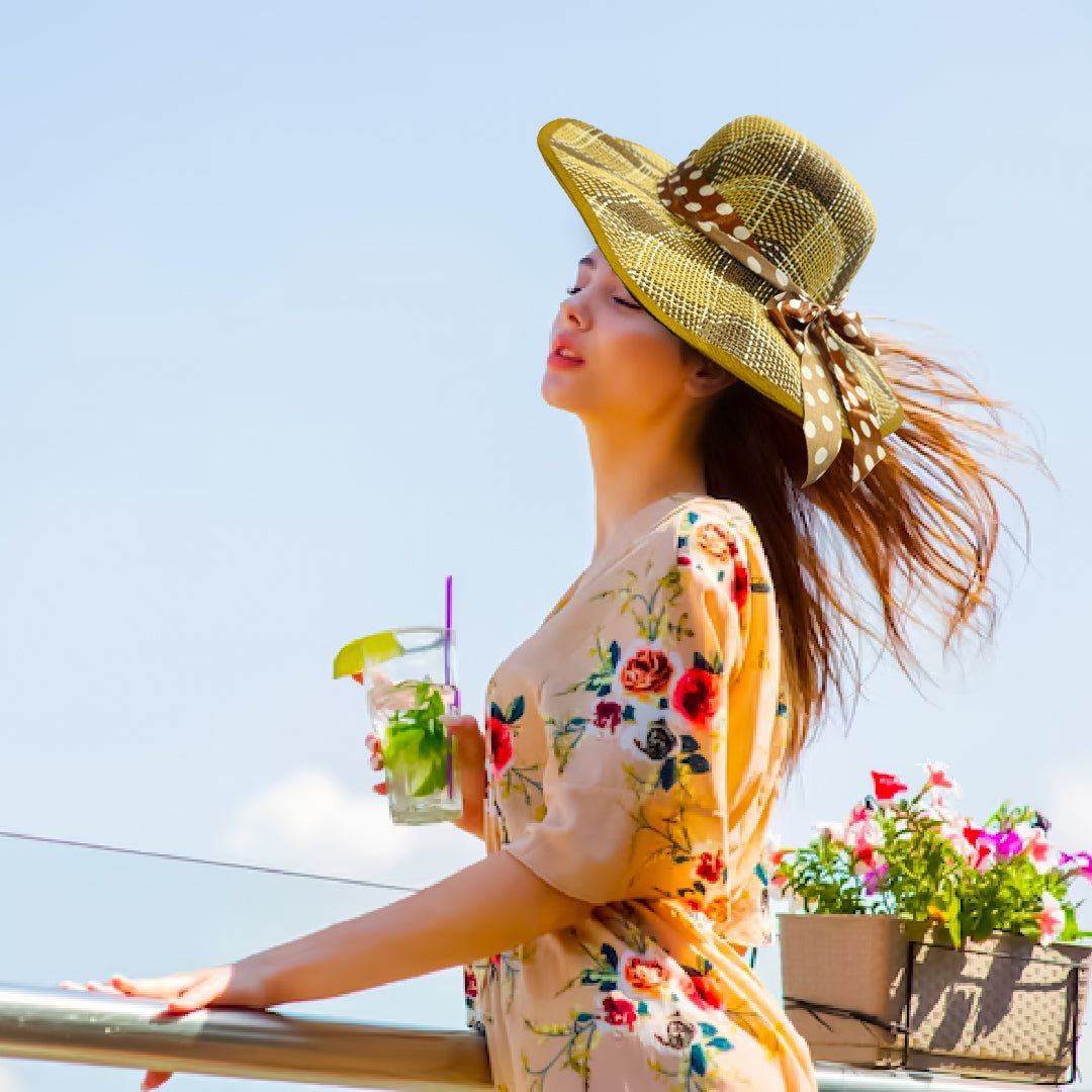 Summer Beach Hat Beige Color w/Polka Dot Silk Ribbon for Women - 1PC