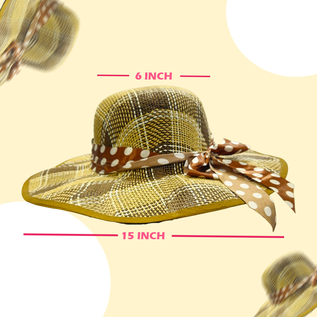 Summer Beach Hat Beige Color w/Polka Dot Silk Ribbon for Women - 1PC