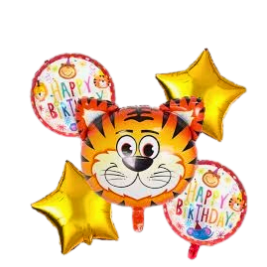 Happy Birthday Jungle Animal Tiger Balloon Set Of 5  (w/ Helium Gas)