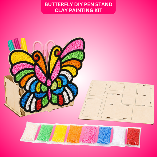 Butterfly DIY Pen Stand Clay Painting Kit, Wooden Craft Puzzle with 8 Color Snow Pearl Clays | Handmade Art Activity for Kids, Birthday Return Gift Favors for Girls & Creative Craft Lovers - 1 Set