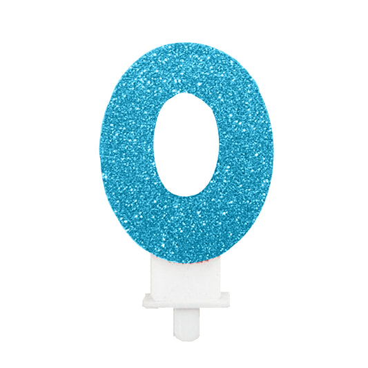 Blue Glitter 0 Birthday Candle