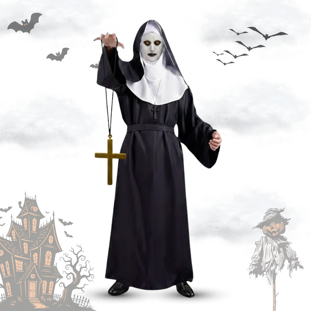 Conjuring Nun Costume Adult Large w/ Waist Belt and Latex Mask - Size XL