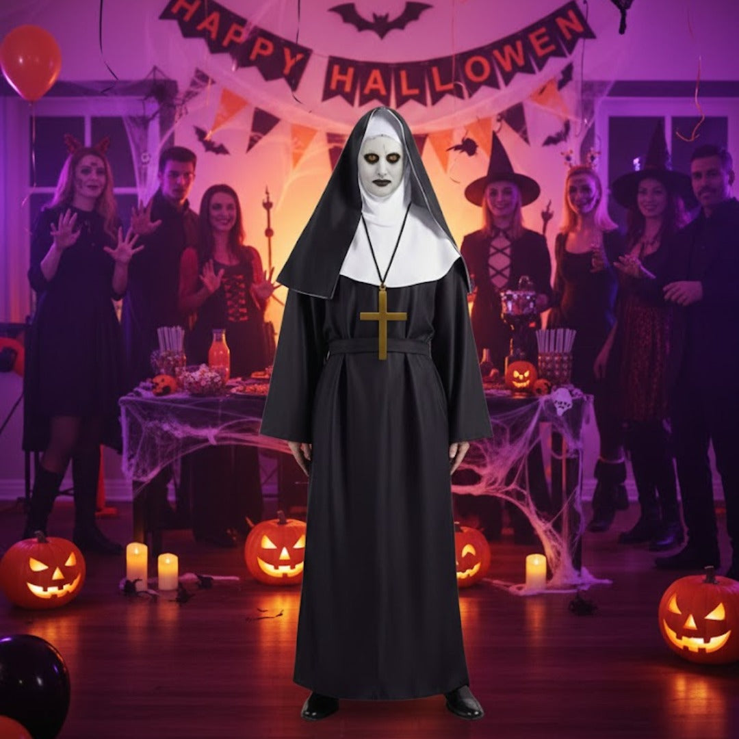 Conjuring Nun Costume Adult Large w/ Waist Belt and Latex Mask - Size XL