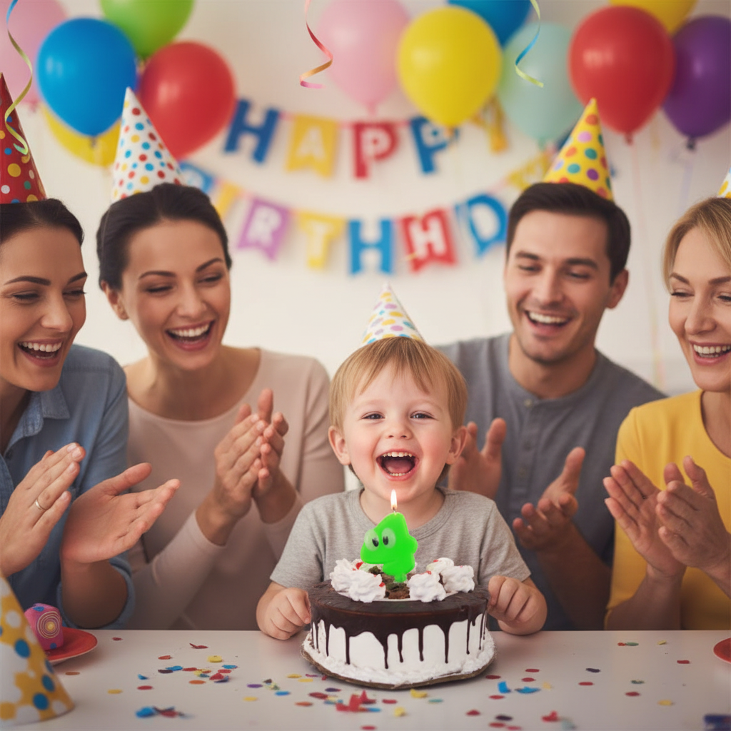 Child celebrating 4th birthday blowing green googly eyes number 4 candle on cake with family