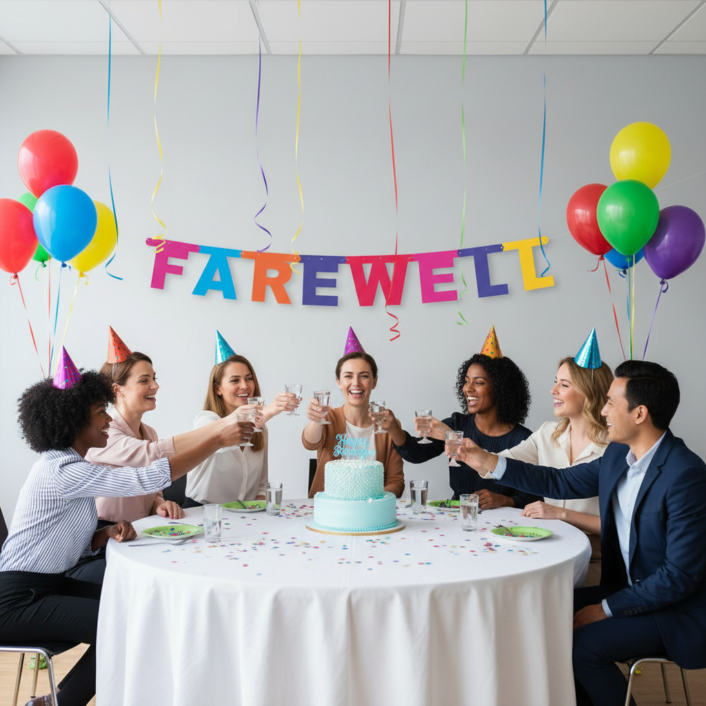 Colorful Farewell banner hung on office wall at farewell party with balloons and colleagues