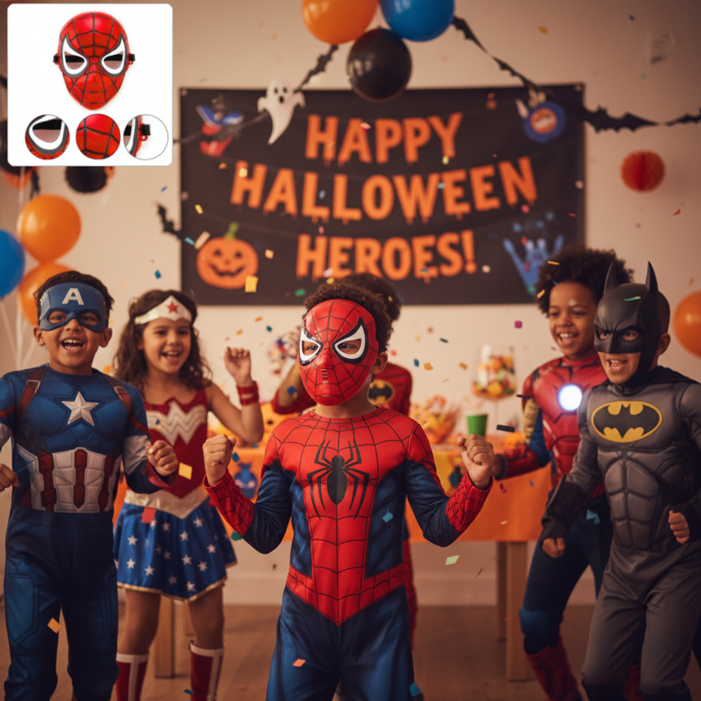 Spiderman Superhero Mask worn by Child at Kids Costume Theme Party