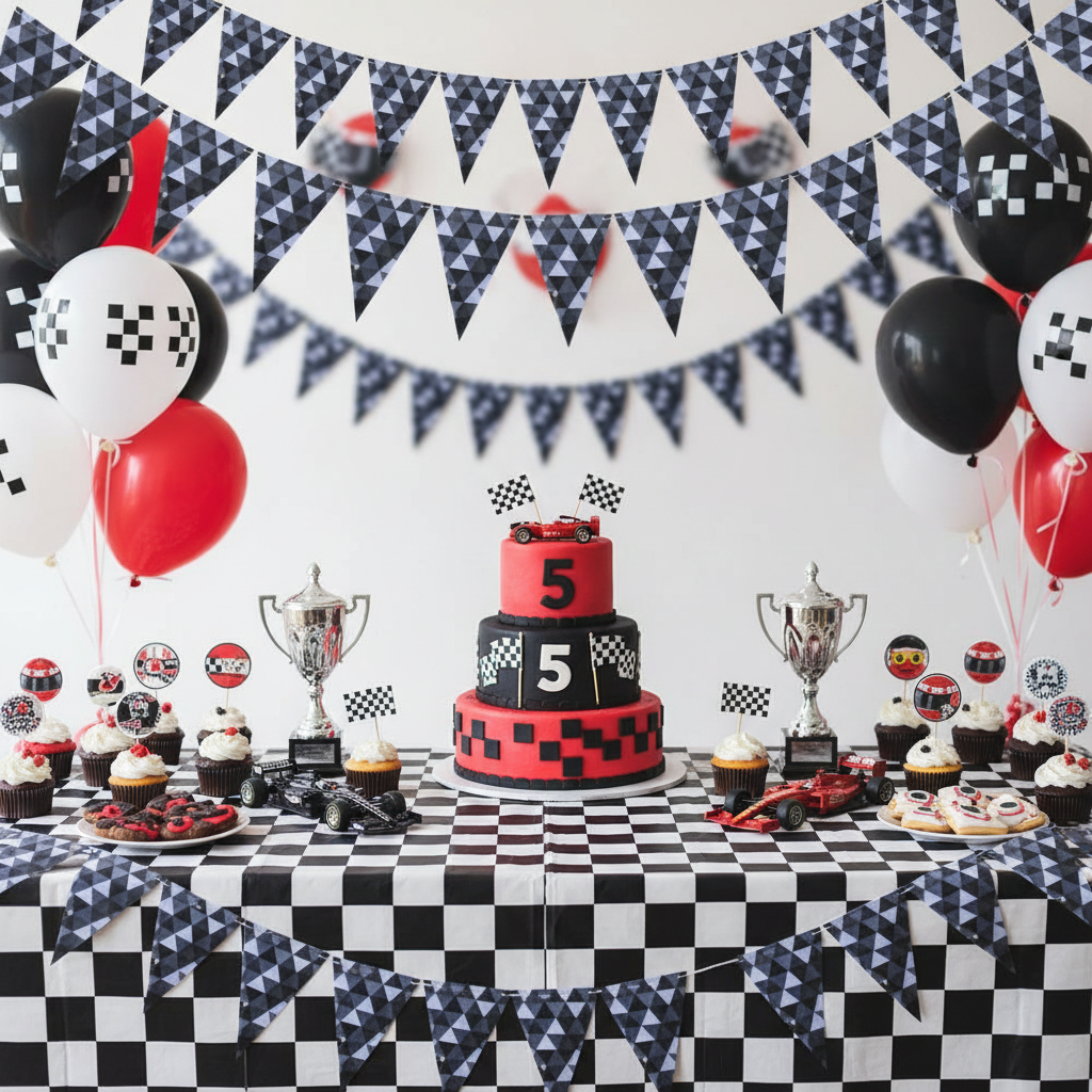 Chequered fractal bunting strung across Formula 1 racing themed birthday dessert table