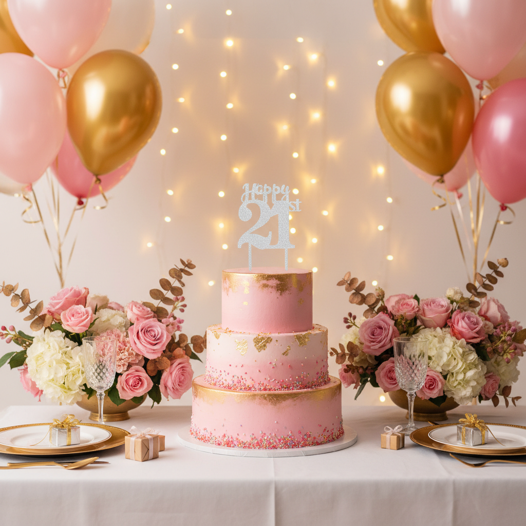 Happy 21st silver glitter cake topper on tiered birthday cake with gold pink balloons and flowers