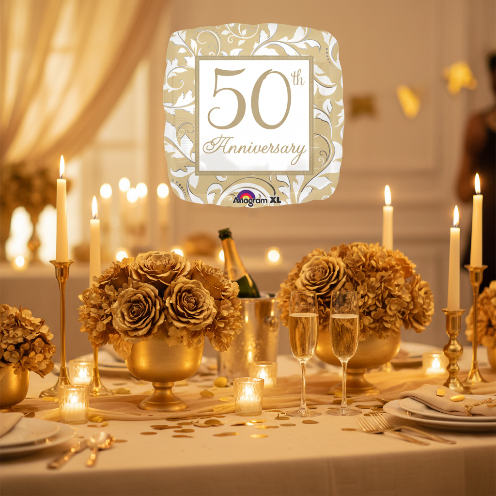 50th Anniversary Square Gold Balloon - Party Table Decor