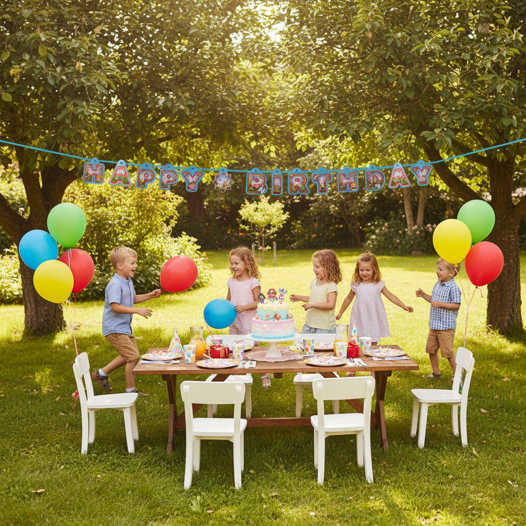 Happy Birthday letter banner garland at outdoor garden birthday party