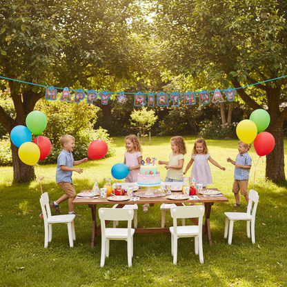 Happy Birthday letter banner garland at outdoor garden birthday party
