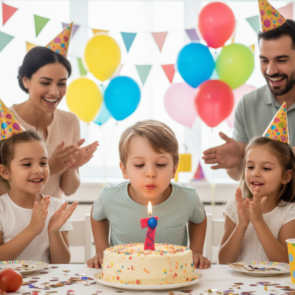 Child celebrating 7th birthday blowing red number 7 balloon candle on cake with family