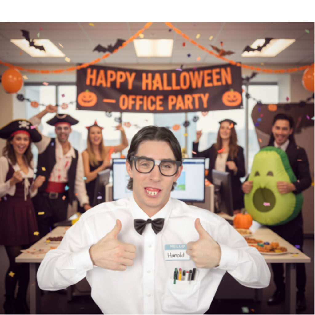 Man posing in funny nerd costume with black rimmed glasses bow tie and name tag at office Halloween party thumbs up