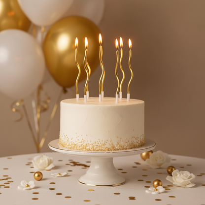 Twisty metallic golden spiral candles set of 6 on white frosted birthday cake with gold balloons