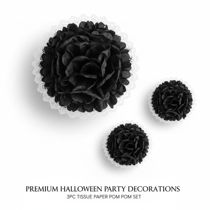 Black and white Halloween fluffy tissue paper pom pom 3PC set flat lay showing three different sized black pom poms with white lace edge