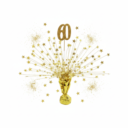 Gold 60th birthday centerpiece flat lay on white background gold foil starburst spray star accents and glittery number 60 pick topper