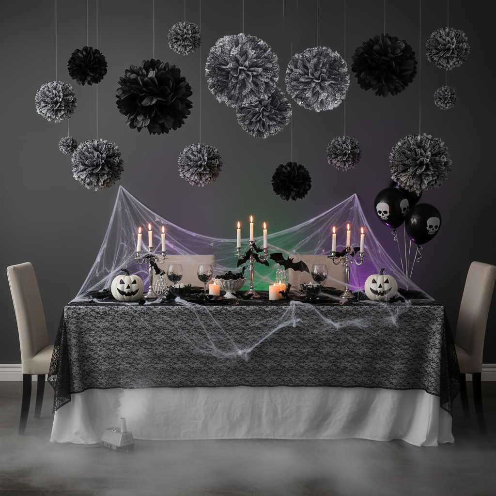 Spooky Halloween party room with black fluffy tissue pom poms hanging in three sizes pumpkins bats and spider webs
