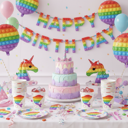 Rainbow Unicorn Pop It Theme Paper Cups on Kids Pop It Themed Birthday Party Table