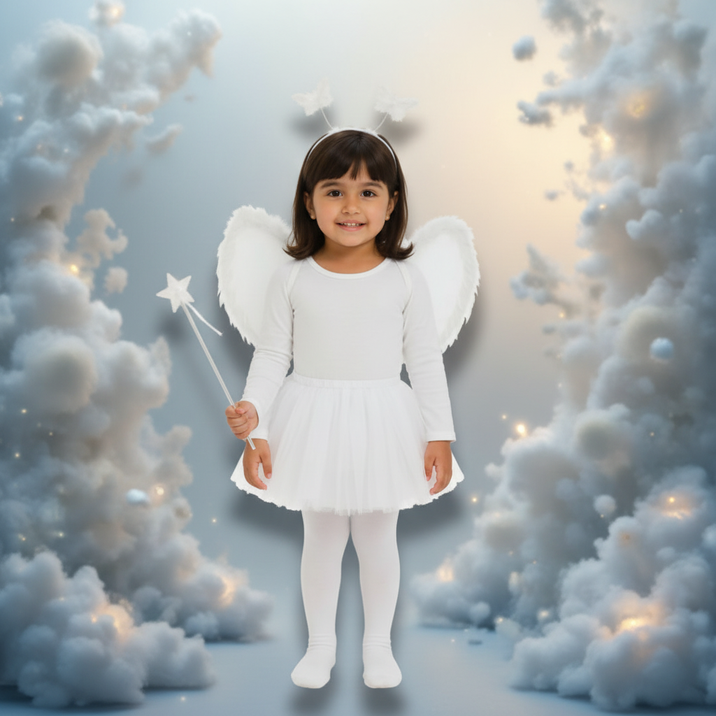 Adorable young girl in white angel tutu costume with wings and wand in dreamy cloudy background