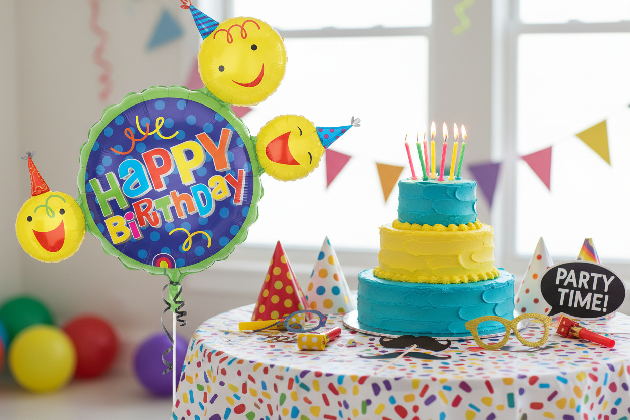 Happy Birthday Smile Faces Balloon - Cake Table Centrepiece
