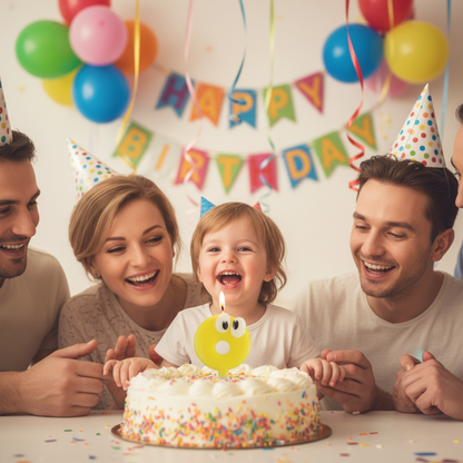 Child celebrating birthday blowing yellow googly eyes number 0 candle on cake with family