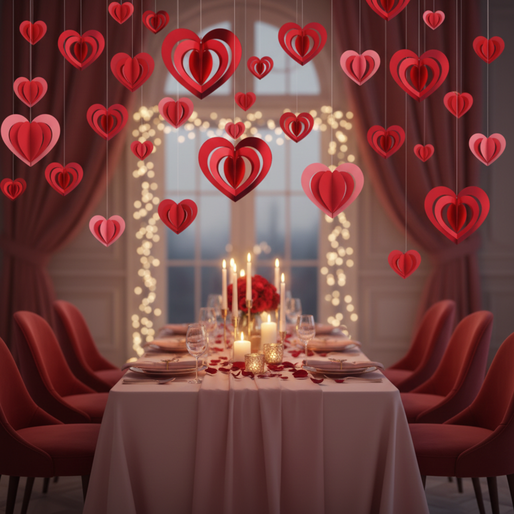 3D red heart rotating paper decorations hanging from ceiling at Valentine's Day anniversary party
