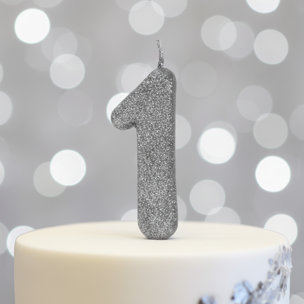 Close up detail of silver glitter number 1 birthday candle showing sparkling silver finish
