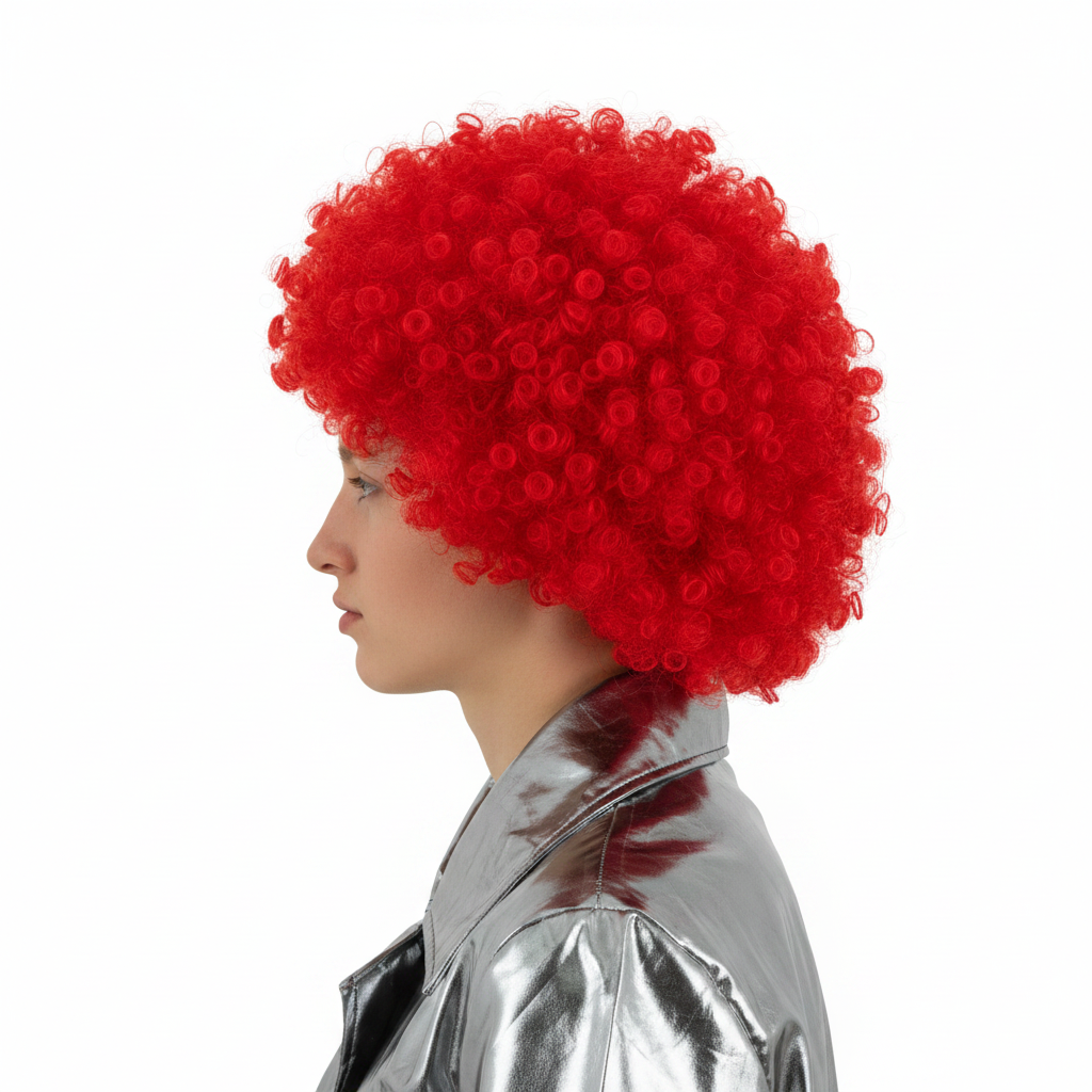 Person wearing giant red afro wig side view