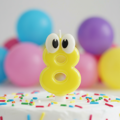 Close up detail of yellow googly eyes number 8 birthday candle showing funny googly eyes and bright yellow color
