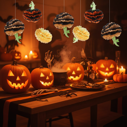 Pumpkin Pom Poms at Halloween Table Setup