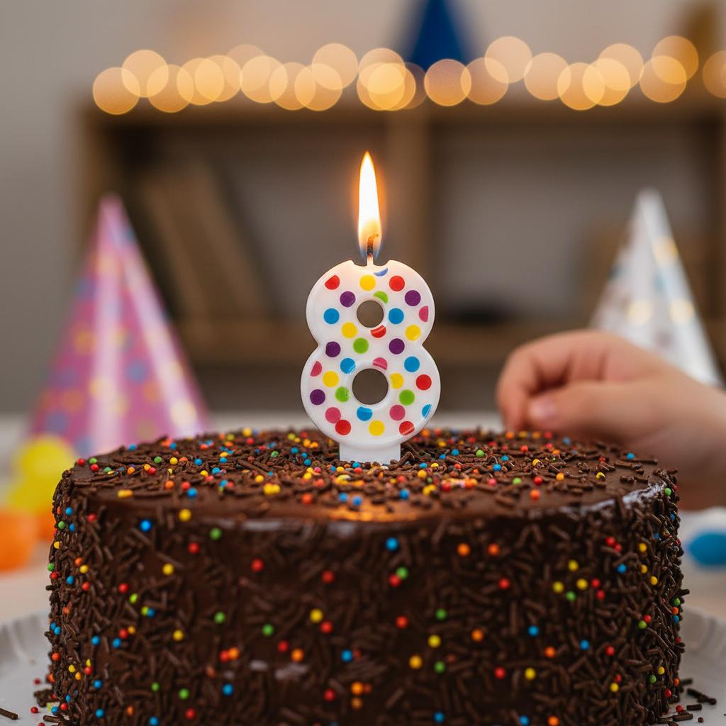 Multicolor polka dot number 8 candle lit on chocolate birthday cake