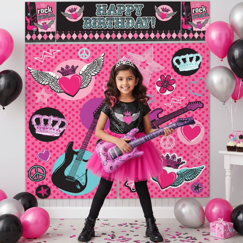 Girl at rockstar princess birthday party with scene setter decoration