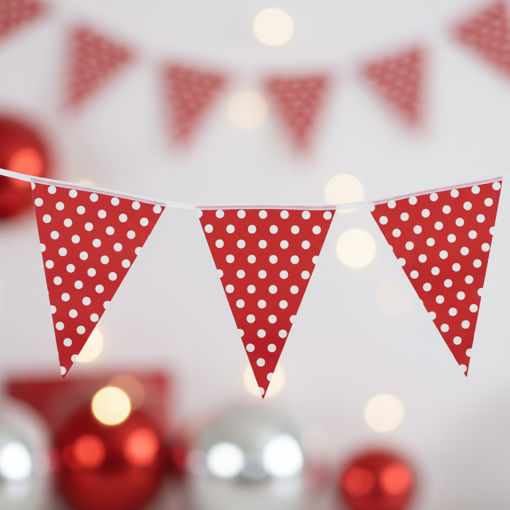 Close up detail of red and white polka dot bunting triangular flags hung with string