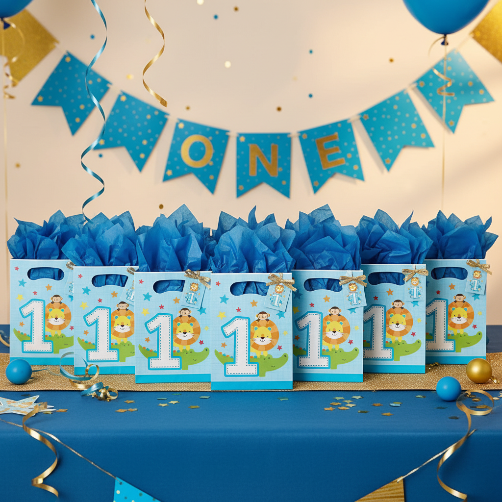 One is Fun Boy Loot Bags as Return Gift Display at 1st Birthday Party
