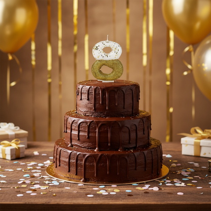 Semi glitter gold and white number 8 candle on chocolate cake with gold drip and confetti