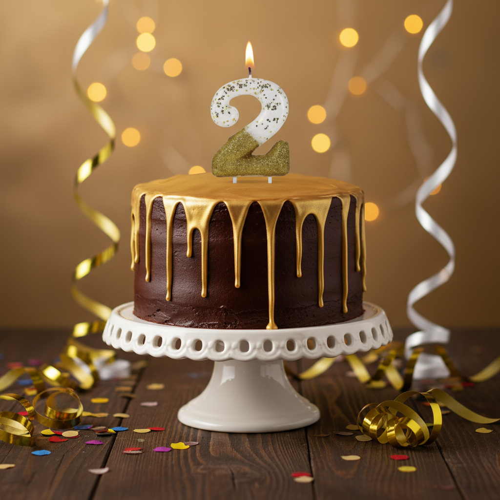 Semi glitter gold and white number 2 candle on chocolate cake with gold drip and confetti