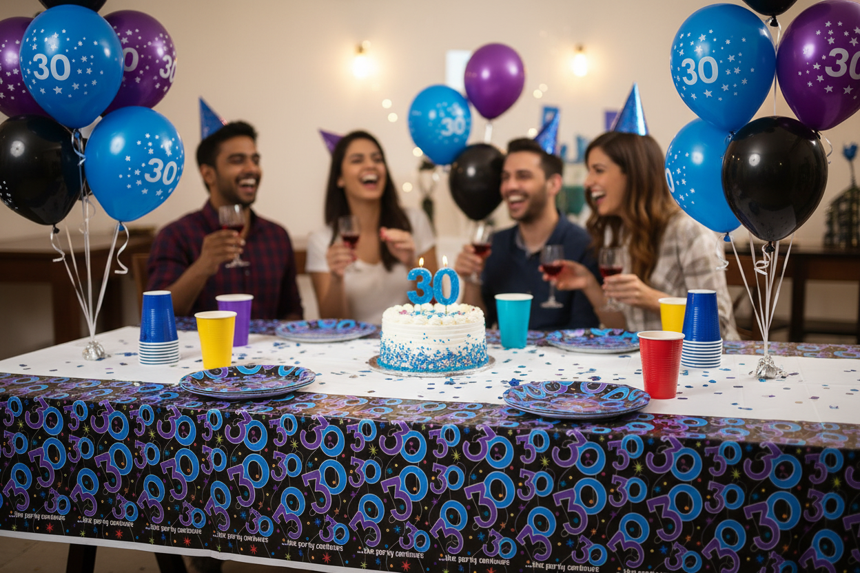30th Birthday Plastic Tablecover party setup