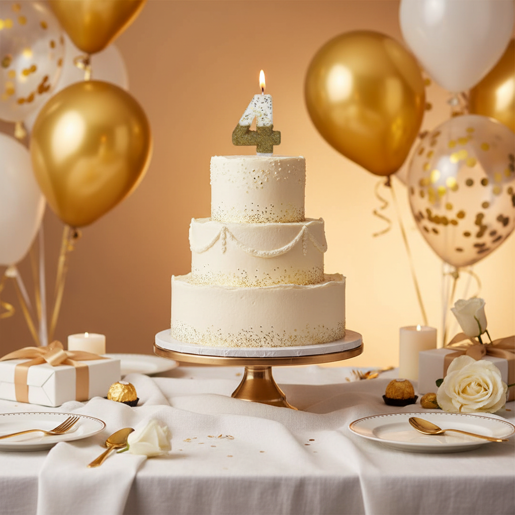 Semi glitter gold and white number 4 candle lit on white frosted birthday cake with gold balloons