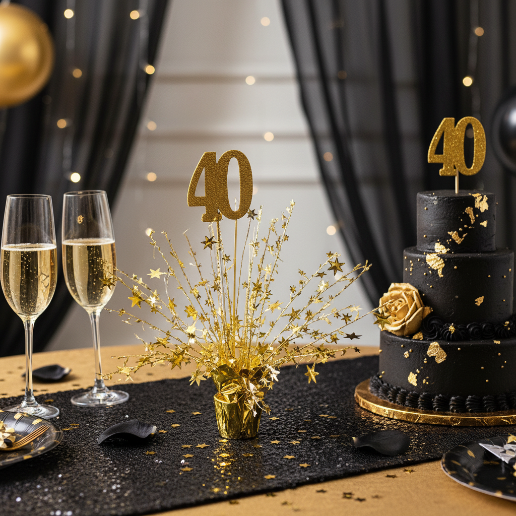 Elegant gold 40th birthday starburst centerpiece with number 40 topper on decorated birthday party table with champagne glasses