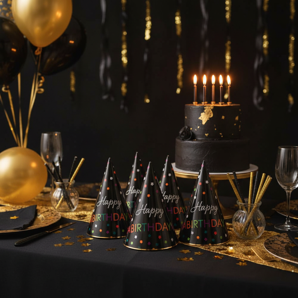 Happy Birthday Designer Cone Hats at Birthday Party Table Setup