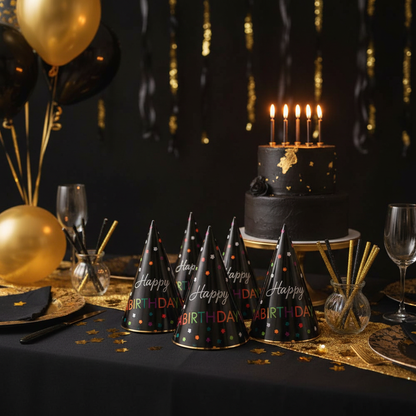 Happy Birthday Designer Cone Hats at Birthday Party Table Setup