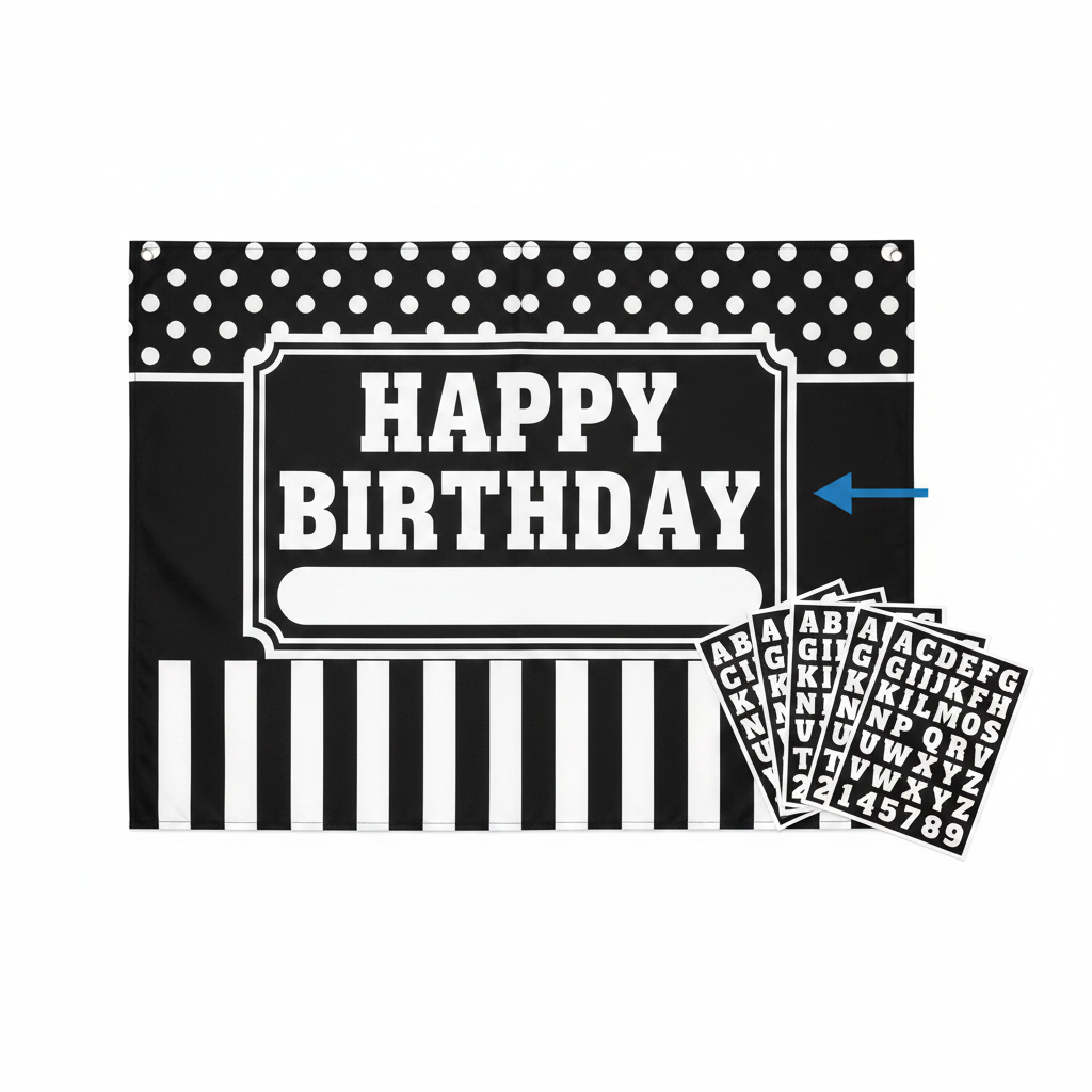 Black and white customizable door decoration kit flat lay showing large banner with polka dots stripes and alphabet letter stickers