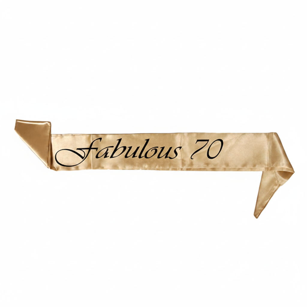 Flat lay of golden satin Fabulous 70 sash on white background