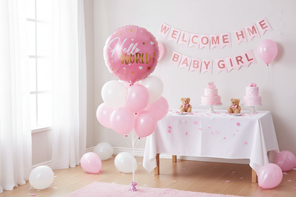 Hello World Baby Girl Balloon - Welcome Home Balloon Bouquet