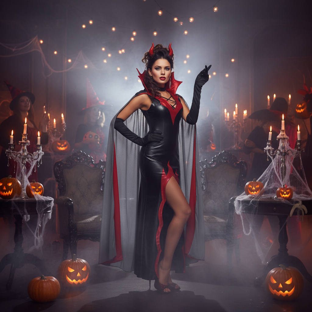 Confident woman in black and red devil diva Halloween costume with dramatic cape posing at Halloween theme party