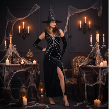 Glamorous woman wearing sassy black long witch costume with spider web print and witch hat at Halloween party