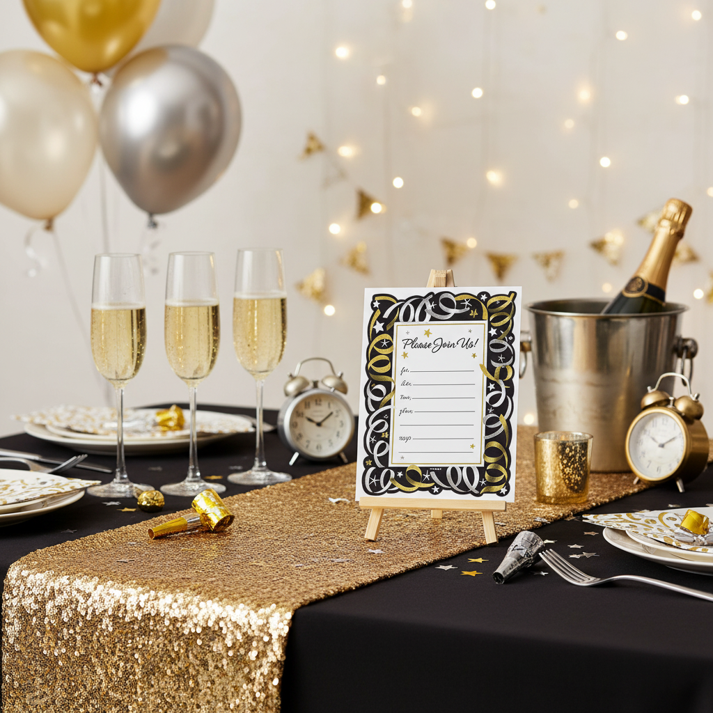 Silver & Gold Streamers Party Invitations at New Year's Eve Party
