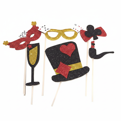 Flat lay of all 6 card party casino photo props on white background